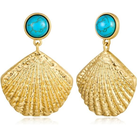 Gold Seashell Drop Earrings | Boho Turquoise Dangle Earrings | Lightweight Beach - Picture 2 of 5